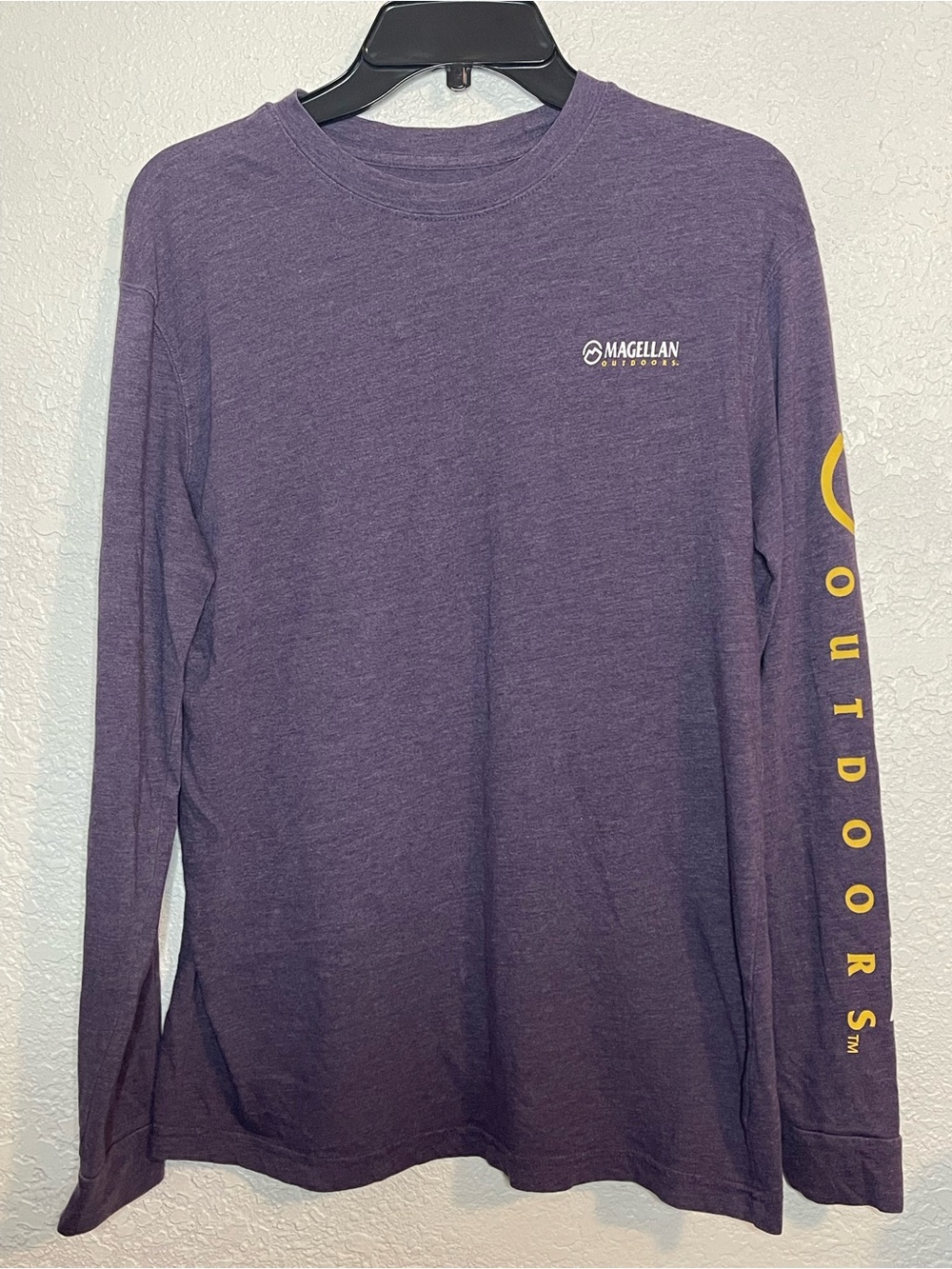 Magellan Outdoors Purple Long Sleeve Crewneck Tee with Yellow Sleeve Logo